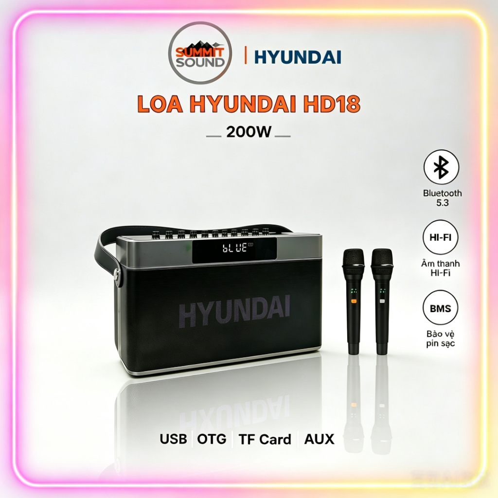 Loa HYUNDAI Loa Karaoke Xách Tay HD18, Công Suất Lớn 200W Đèn Kèm 2 Micro AUX TP Card USB