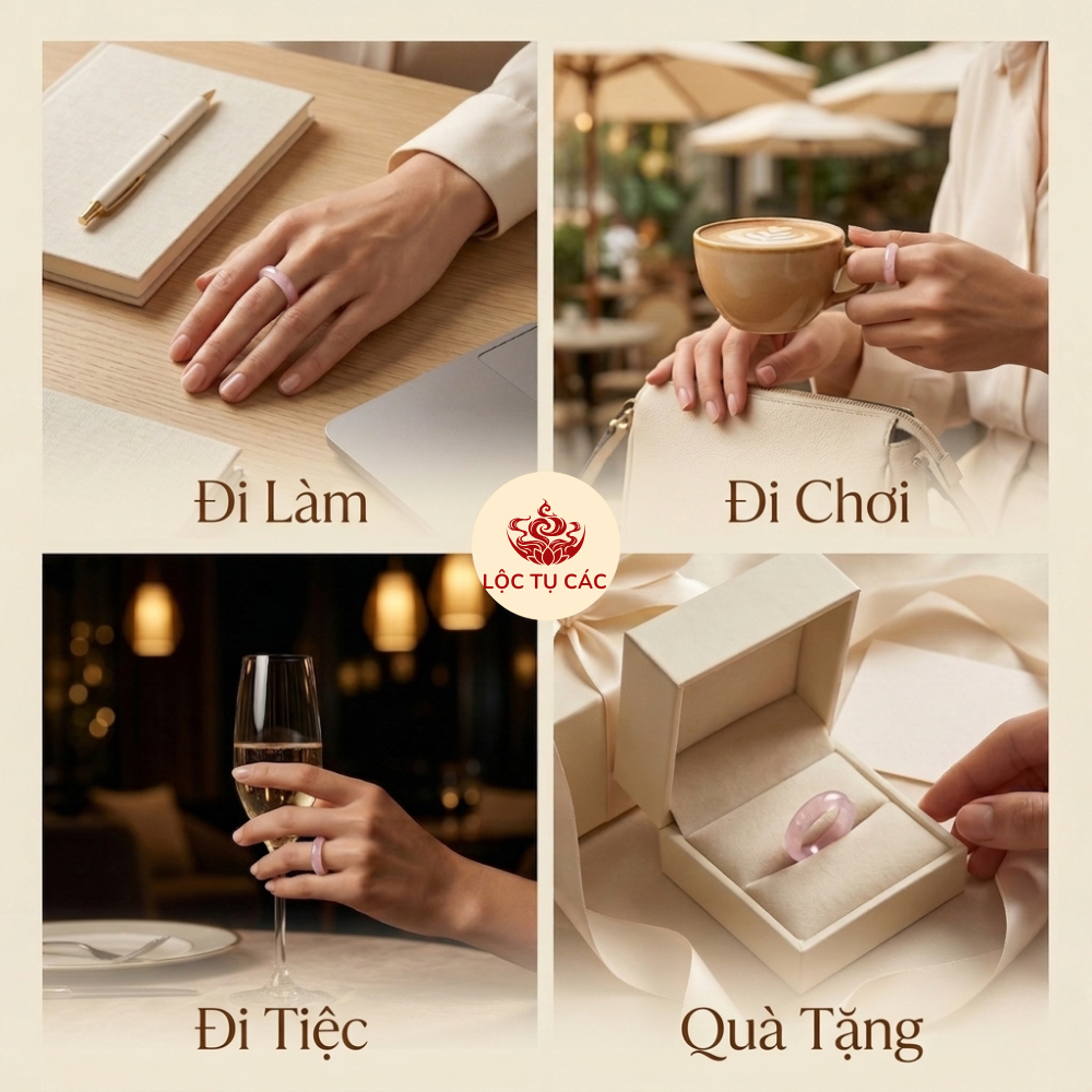 Nhẫn đá thạch anh Chalcedony phong thủy Lộc Tụ Các Madagascar chất băng - Khởi quang tinh xảo thu hút năng lượng