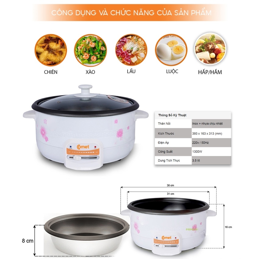 Nồi Lẩu Điện Lòng Rời Comet CM7731 | 3.5L 1300W