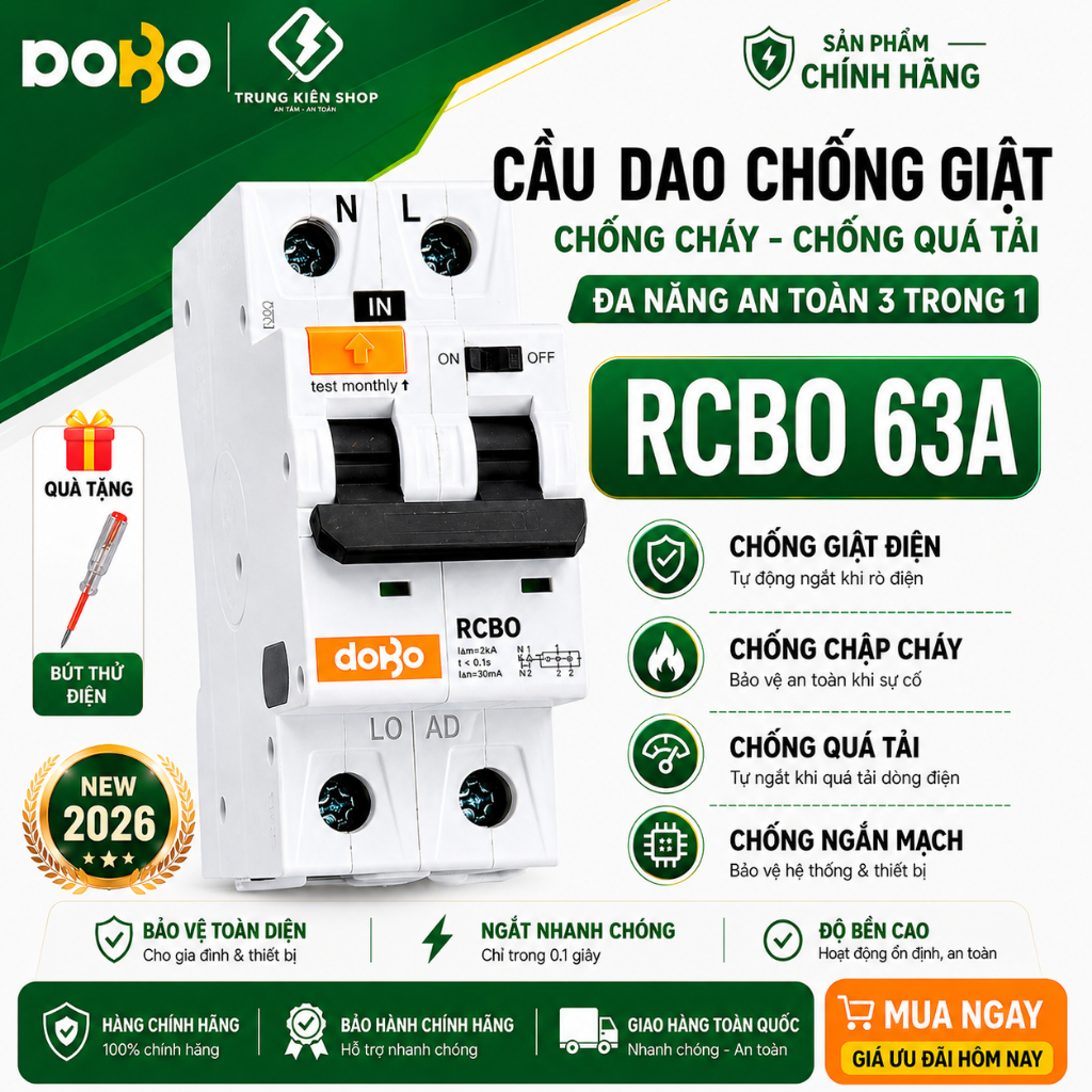 [RCBO 63A] Cầu Dao Chống Giật 63A RCBO DOBO KOREA đa năng - siêu nhạy ...