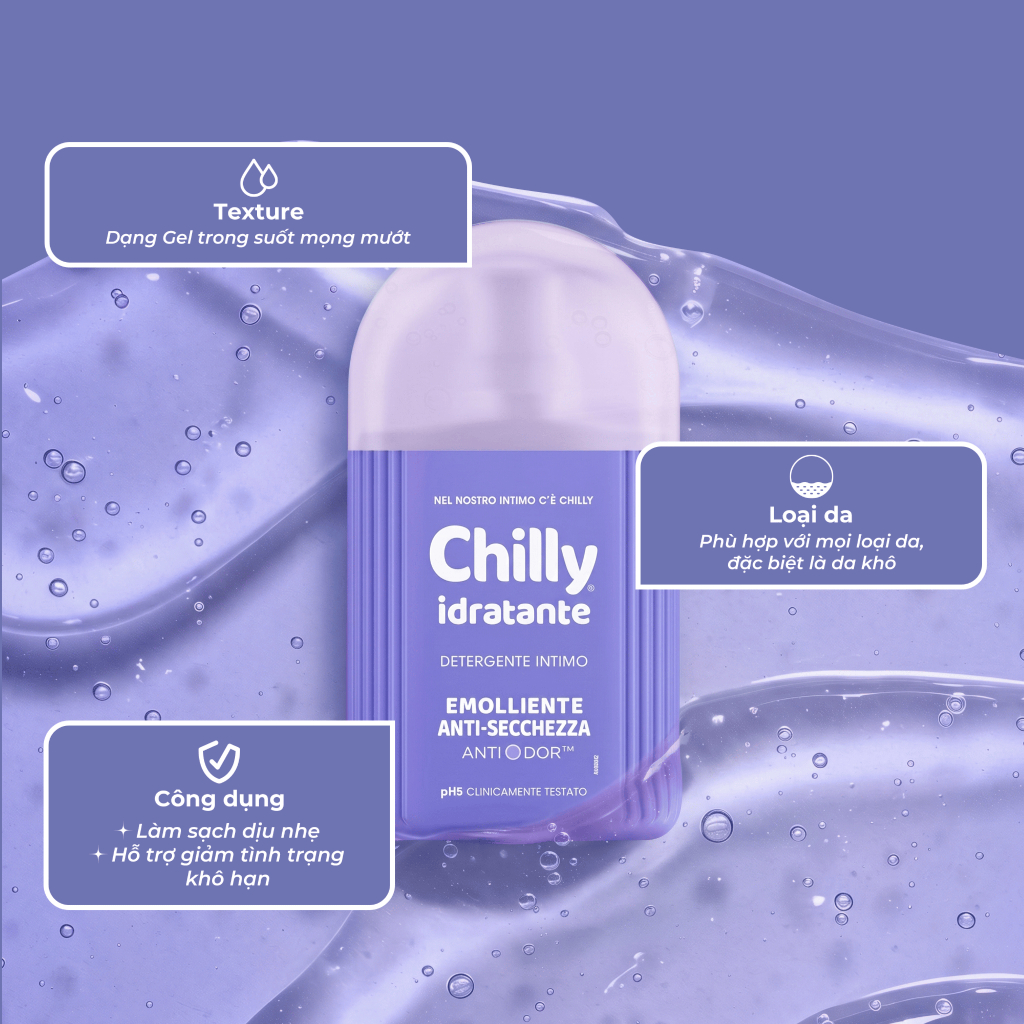 (CẤP ẨM MỊN MƯỚT) Dung dịch vệ sinh phụ nữ Chilly Idratante cấp ẩm sâu, phục hồi mướt mịn 200ml