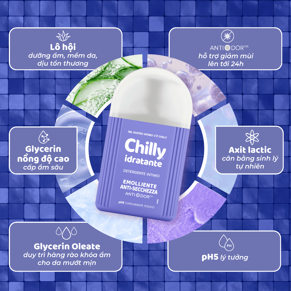 (CẤP ẨM MỊN MƯỚT) Dung dịch vệ sinh phụ nữ Chilly Idratante cấp ẩm sâu, phục hồi mướt mịn 200ml