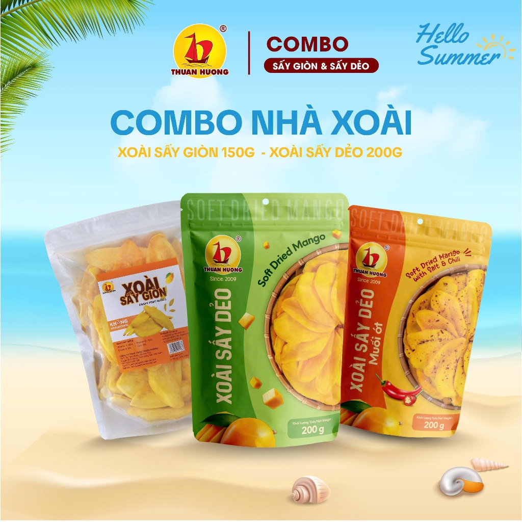 Combo xoài sấy Thuận Hương -  Xoài sấy dẻo muối ớt 200g, Xoài sấy giòn 150g, Xoài sấy dẻo 200g - Ăn vặt