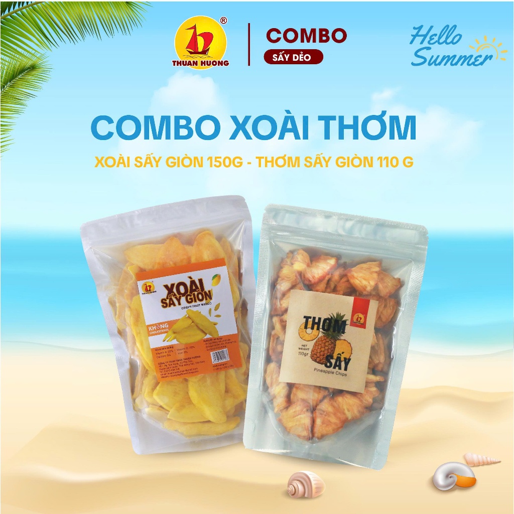 Combo Xoài sấy giòn 150g, Thơm sấy giòn 110g Thuận Hương - Xoài sấy giòn chua đậm kết hợp chua ngọt hài hòa của thơm