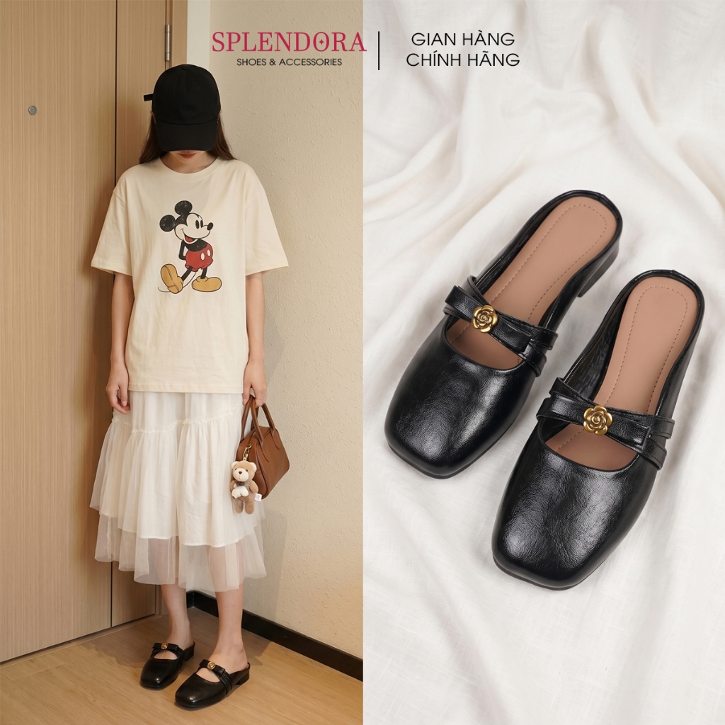 Giày sục búp bê Splendora nữ phối nơ hoa trà chất da nhăn mềm đế cao su cao cấp êm chân siêu đẹp - S3M