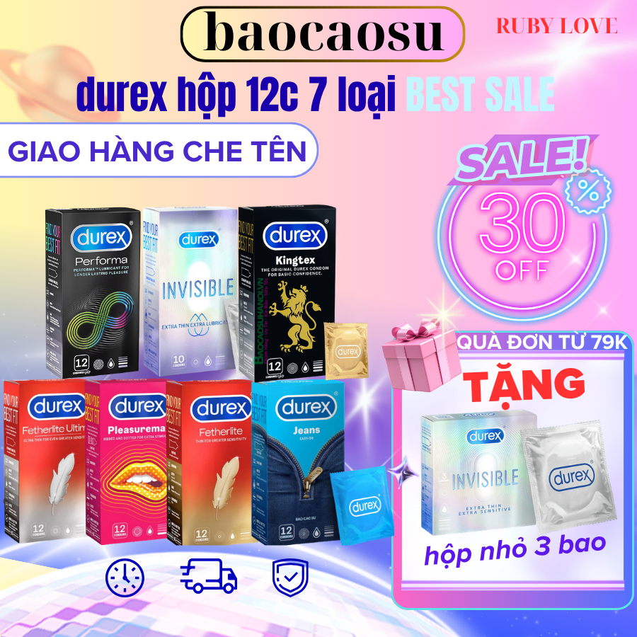 (Che tên) Combo Hộp To, Bao Cao Su 7 loại kéo dài time,gân gai,siêu mỏng 52mm Hộp 12 Chiếc