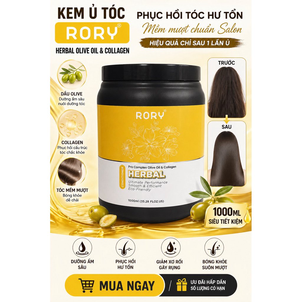 Kem Xả Phục Hồi Tóc RORY 1000ml – Siêu Mềm Mượt, Cấp Ẩm, Giảm Khô Xơ, Dưỡng Tóc Hư Tổn Tóc Nhuộm Tẩy