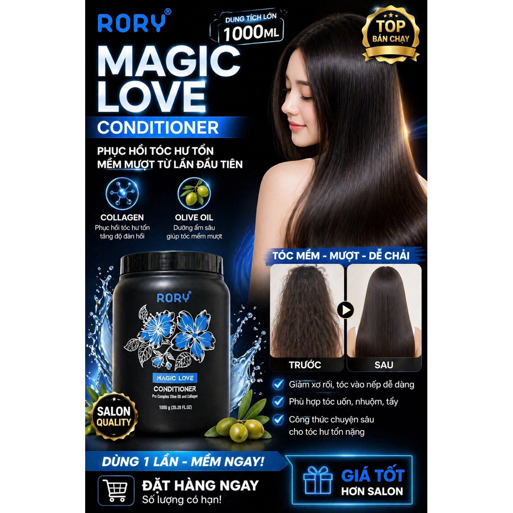 Kem Xả Phục Hồi Tóc RORY 1000ml – Siêu Mềm Mượt, Cấp Ẩm, Giảm Khô Xơ, Dưỡng Tóc Hư Tổn Tóc Nhuộm Tẩy