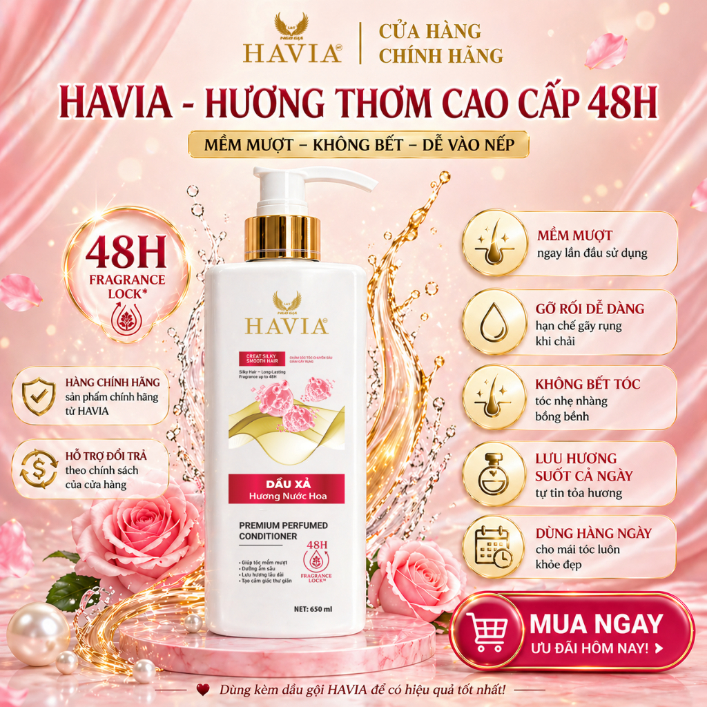 Dầu xả Hương Nước Hoa HAVIA giúp tóc mềm mượt, giảm khô xơ, rối xù, giúp tóc chắc khỏe hơn.