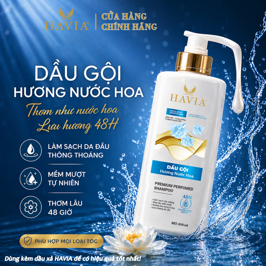 Dầu gội HAVIA Hương Nước Hoa giảm gàu sạch da đầu, tóc mềm mượt 650ml