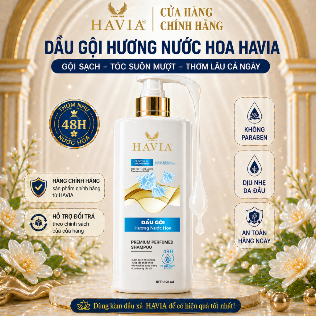 Dầu gội HAVIA Hương Nước Hoa giảm gàu sạch da đầu, tóc mềm mượt 650ml