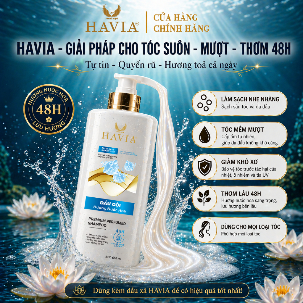Dầu gội HAVIA Hương Nước Hoa giảm gàu sạch da đầu, tóc mềm mượt 650ml