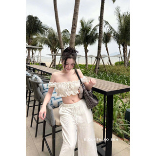 SET ÁO TRỄ VAI CHUN NƠ NHÍ MIX QUẦN ỐNG XUÔNG HOT HIT