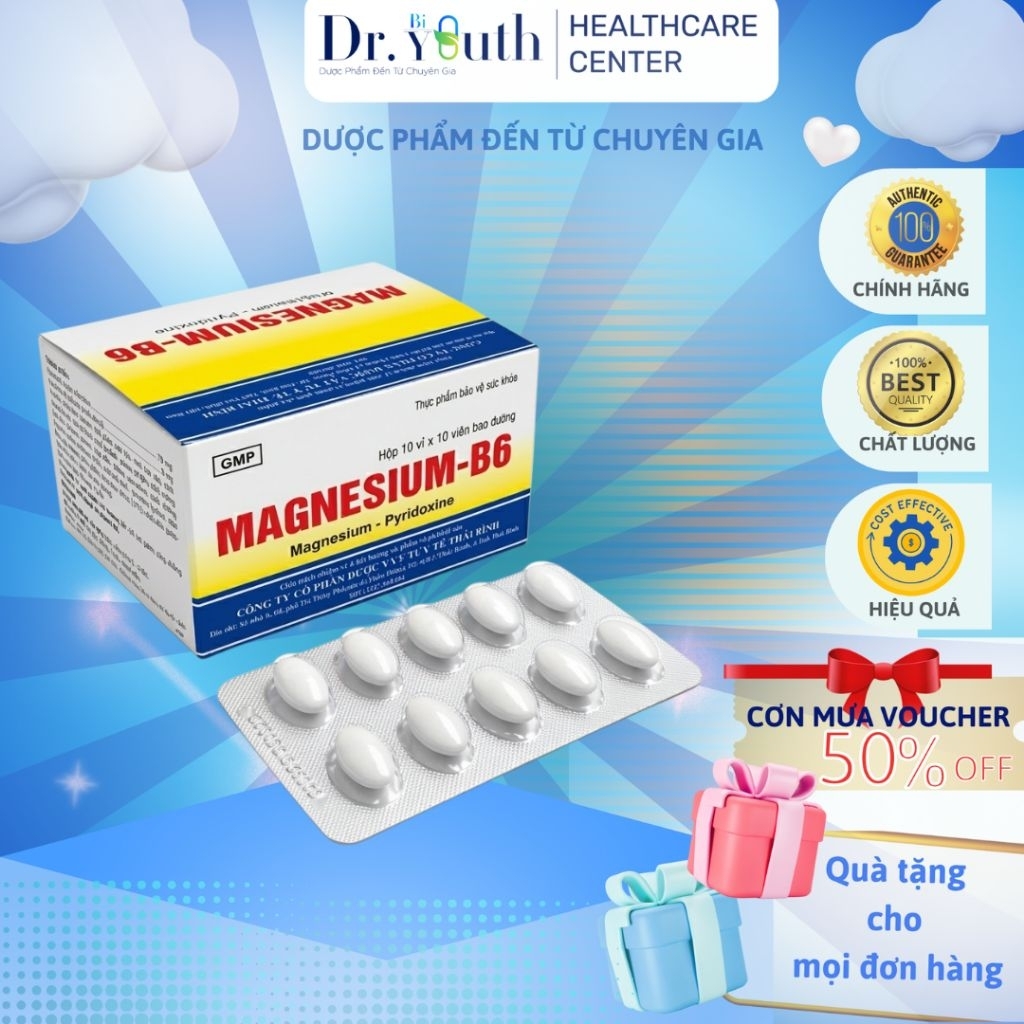 Viên uống Magnesium B6 Thái Bình-Bổ sung Magie và Vitamin B6 giúp giảm căng thẳng, đau thần kinh cơ (Hộp 100 viên)