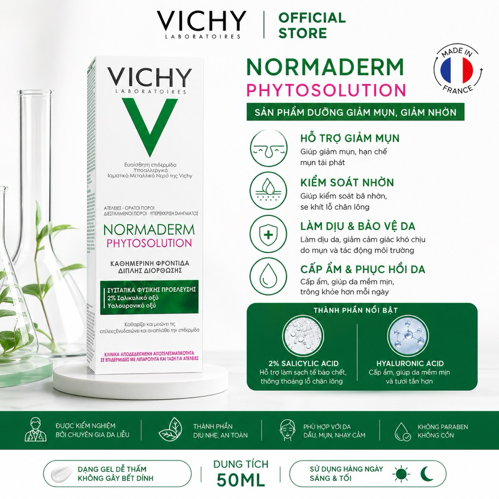 Kem Dưỡng Vichy Normaderm Phytosolution 50ml Cho Da Dầu Da Mụn Chính Hãng