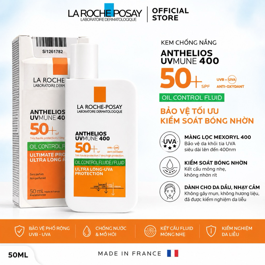 Kem Chống Nắng La Roche Posay Anthelios UVMune 400 SPF50+ Kiềm Dầu 50ml Chính Hãng