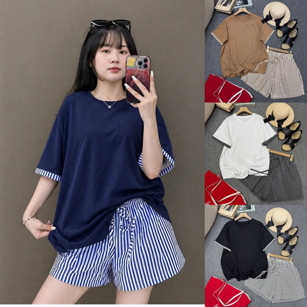 Set Bộ Hè Bigsize Nữ Áo Thun Quần Đùi Kẻ Sọc Co Giãn Thoải Mái Dáng Dễ Mặc - SET872 Q581