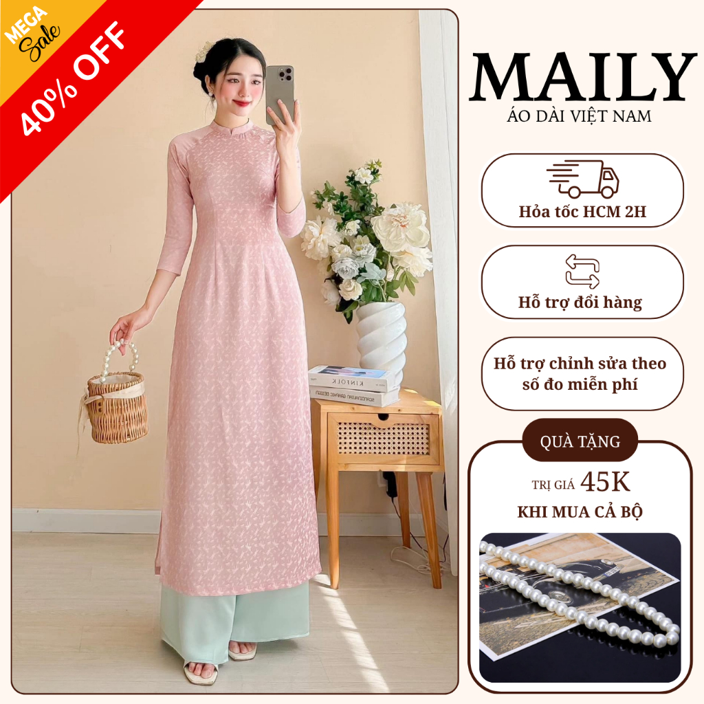 Áo Dài Gấm Họa Tiết Chuồn Chuồn Dáng Ôm Truyền Thống, Thiết Kế 2 Tà Cổ Cao Tay Lỡ Xinh Xắn - ÁO DÀI MAILY