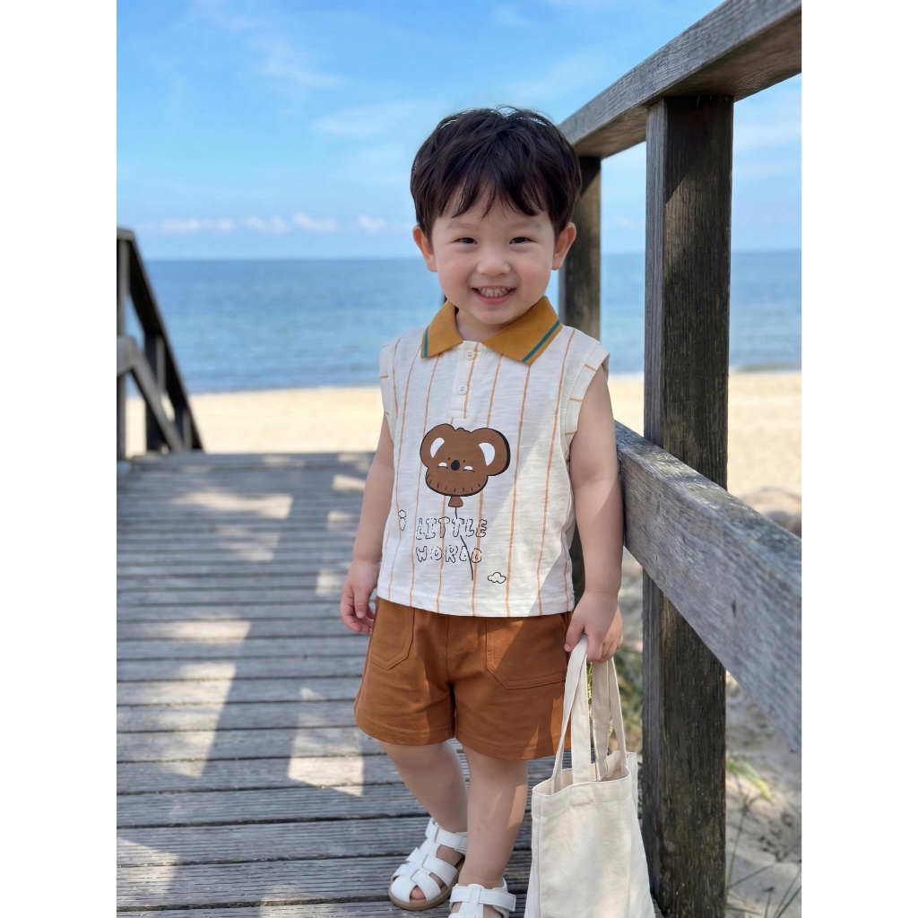 Set bộ polo cộc tay bé trai sát nách Miniumbaby in gấu chữ ngộ nghĩnh, chất áo cotton mềm mát SB2729
