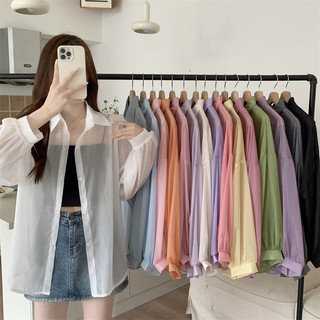 Nova-Áo sơ mi khoác ngoài mỏng đi biển oversize nhiều màu, Áo khoác đi biển voan tơ giấy trong suốt