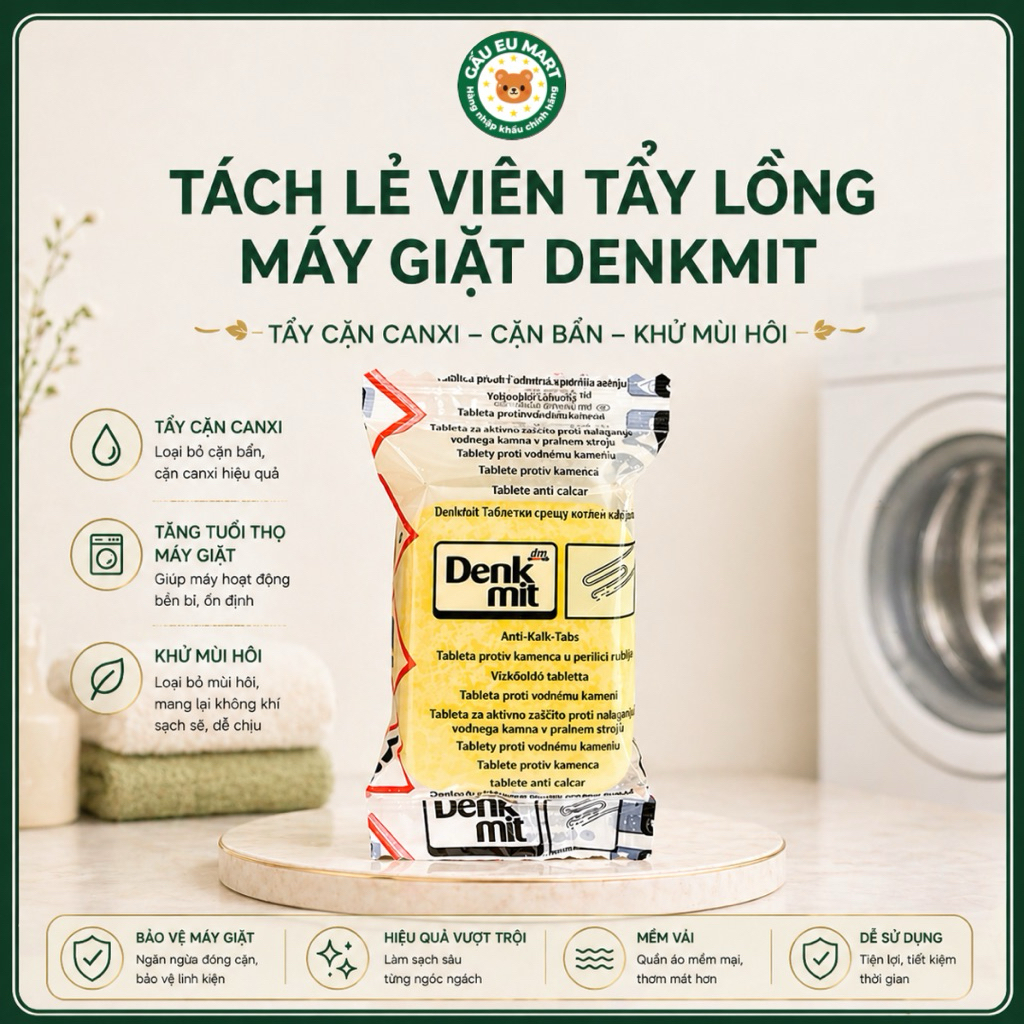 Viên tẩy lồng máy giặt Denkmit ,tẩy cặn canxi, mềm vải, tăng tuổi thọ máy giặt