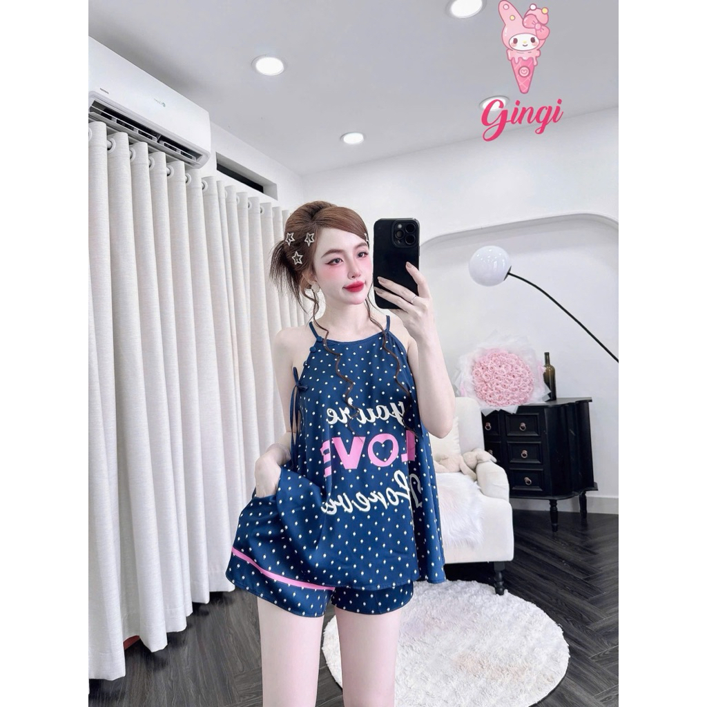 [ Size40-60kg Đồ Yếm ]Đồ nữ mặc nhà,mặc dạo phố áo yếm quần ngắn hoạ tiết dễ thương phối lụa latin cao cấp