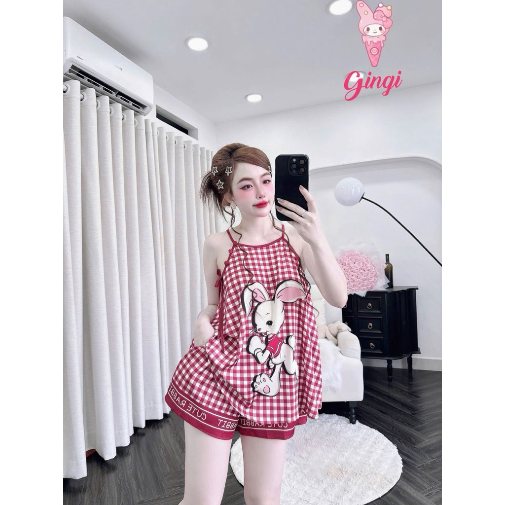 [ Size40-60kg Đồ Yếm ]Đồ nữ mặc nhà,mặc dạo phố áo yếm quần ngắn hoạ tiết dễ thương phối lụa latin cao cấp