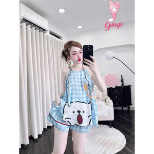 Đồ nữ mặc nhà,mặc dạo phố áo yếm quần ngắn hoạ tiết dễ thương phối lụa latin cao cấp