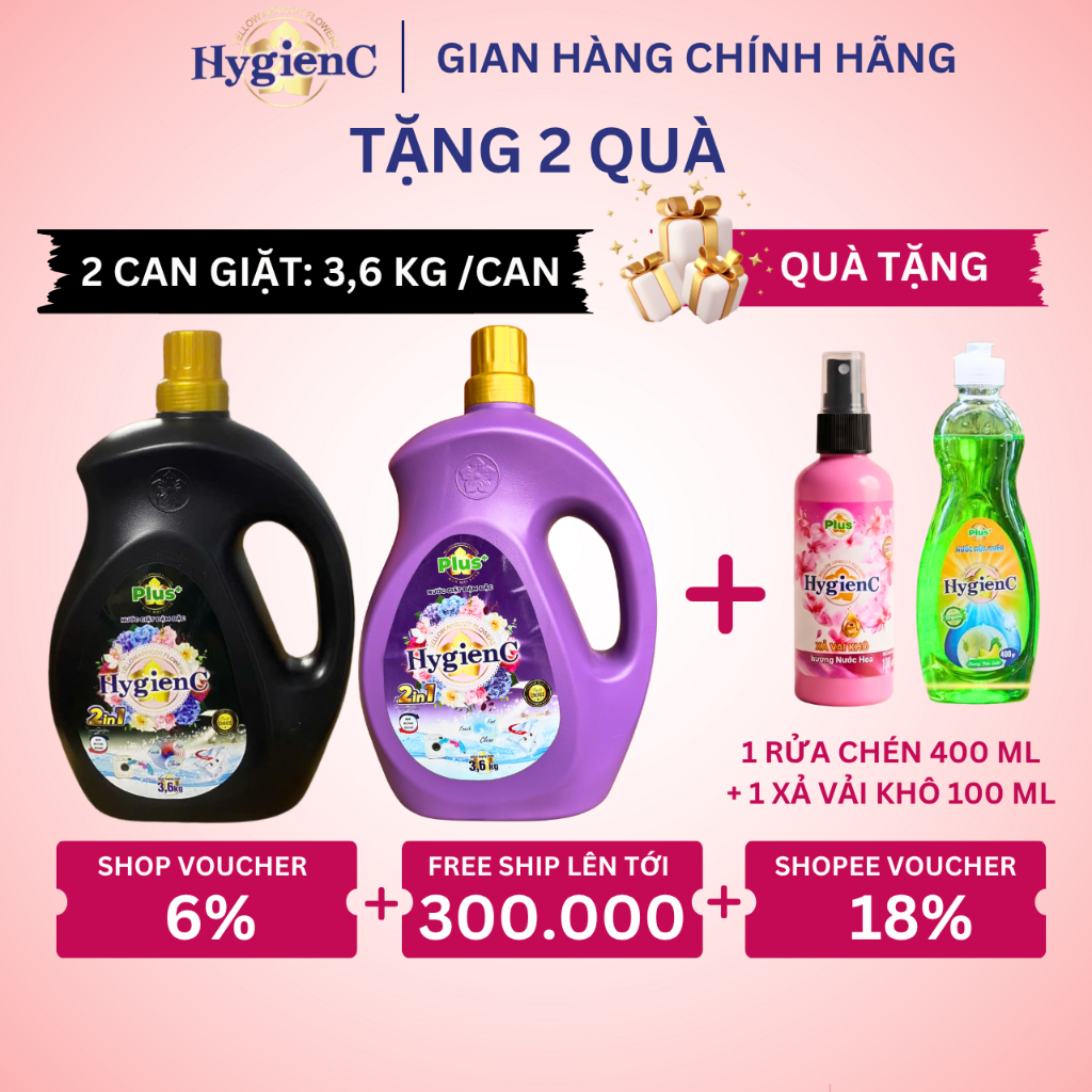 ComBo 2 Can Nước Giặt Đậm Đặc HygienC Plus 3,6Kg/ Can - Hương Nước Hoa (6 Mùi), Làm Sạch Vết Bẩn