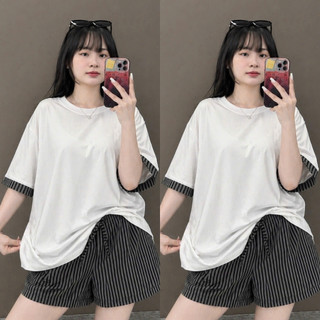 Set Bộ Bigsize Nữ Áo Thun Trơn Form Rộng Tay Ngắn Viền Kẻ Phối Quần Short Sọc Dọc SET872