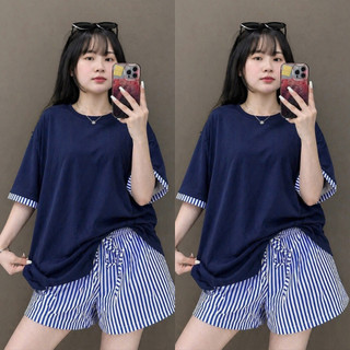 Set Bộ Bigsize Nữ Áo Thun Trơn Form Rộng Tay Ngắn Viền Kẻ Phối Quần Short Sọc Dọc SET872