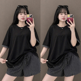 Set Bộ Bigsize Nữ Áo Thun Trơn Form Rộng Tay Ngắn Viền Kẻ Phối Quần Short Sọc Dọc SET872