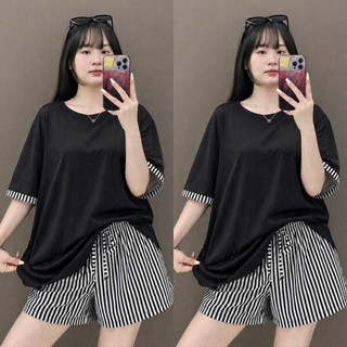 Set Bộ Bigsize Nữ Áo Thun Trơn Form Rộng Tay Ngắn Viền Kẻ Phối Quần Short Sọc Dọc SET872