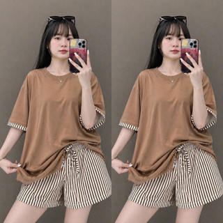Set Bộ Bigsize Nữ Áo Thun Trơn Form Rộng Tay Ngắn Viền Kẻ Phối Quần Short Sọc Dọc SET872