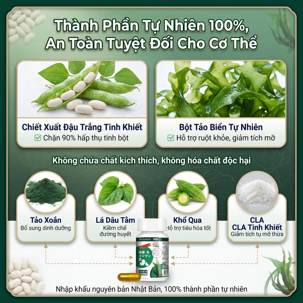 SAUSANDO Viên chặn tinh bột đậu trắng tảo biển, ăn uống không sợ béo, hỗ trợ quản lý cân nặng 10 viên