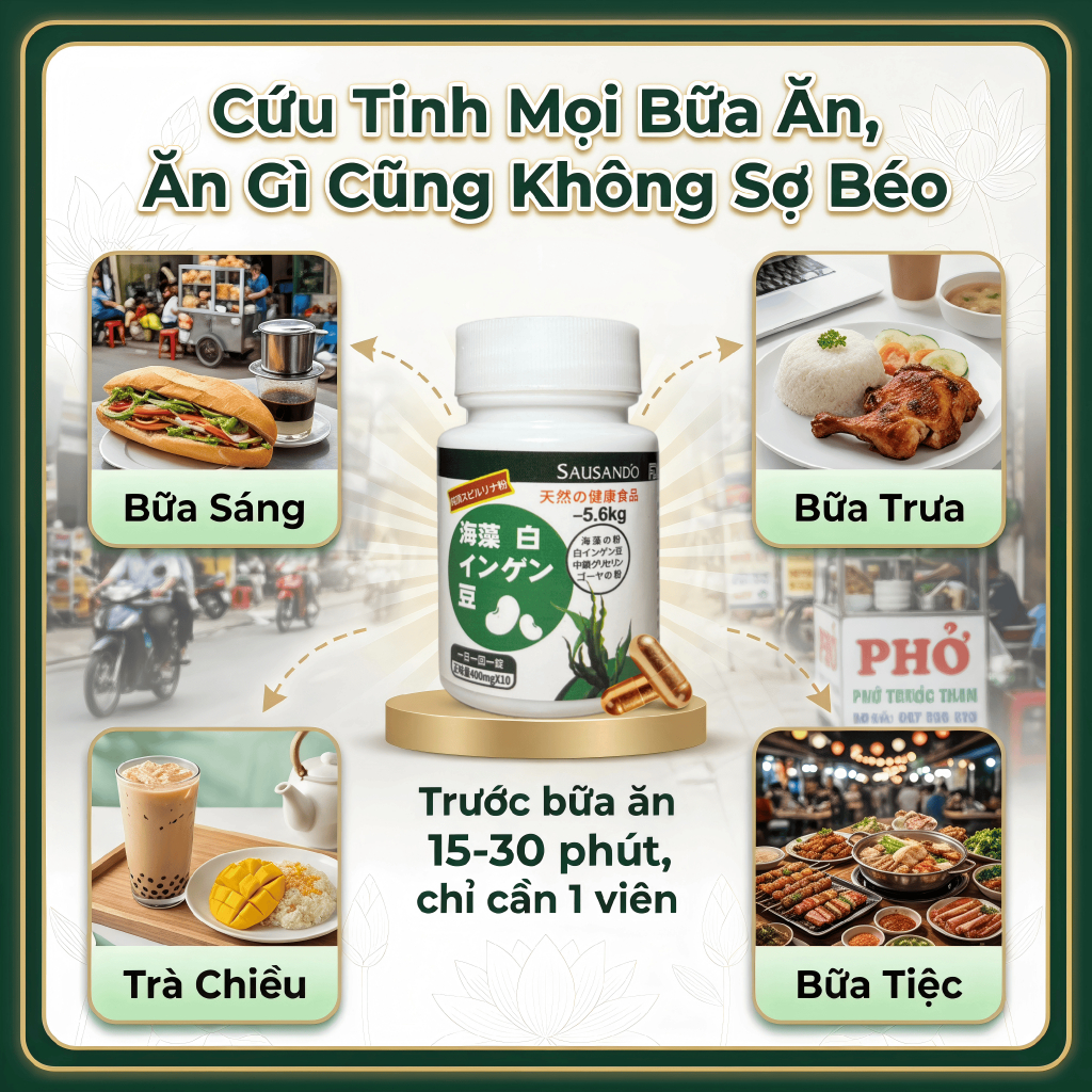 SAUSANDO Viên chặn tinh bột đậu trắng tảo biển, ăn uống không sợ béo, hỗ trợ quản lý cân nặng 10 viên