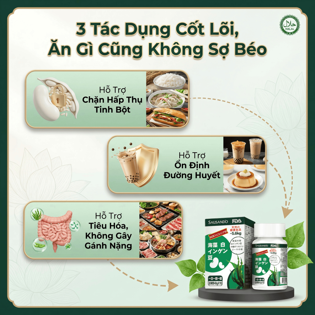 SAUSANDO Viên chặn tinh bột đậu trắng tảo biển, ăn uống không sợ béo, hỗ trợ quản lý cân nặng 10 viên