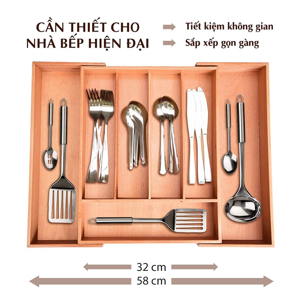 Khay đựng muỗng đũa chia ngăn kéo, khay chia đũa thìa tủ bếp bằng gỗ Sồi cao cấp NHATVYWOOD NV5303B