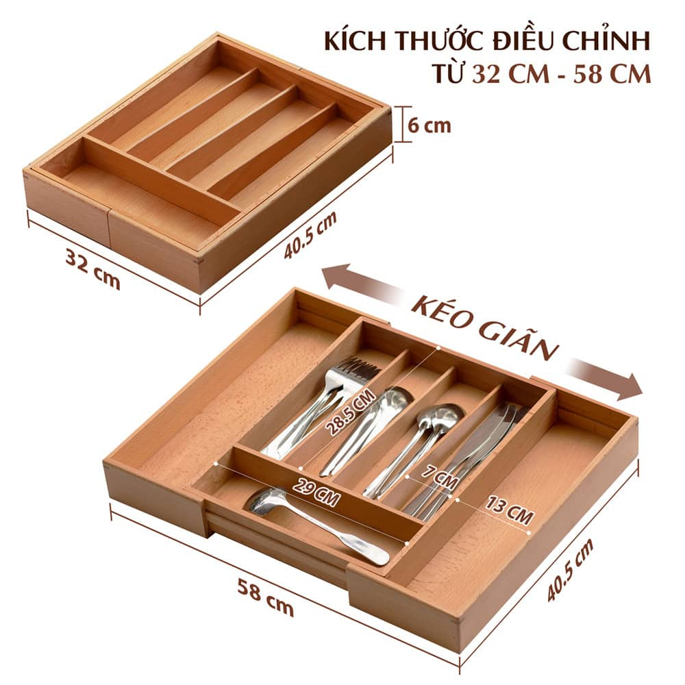 Khay đựng muỗng đũa chia ngăn kéo, khay chia đũa thìa tủ bếp bằng gỗ Sồi cao cấp NHATVYWOOD NV5303B