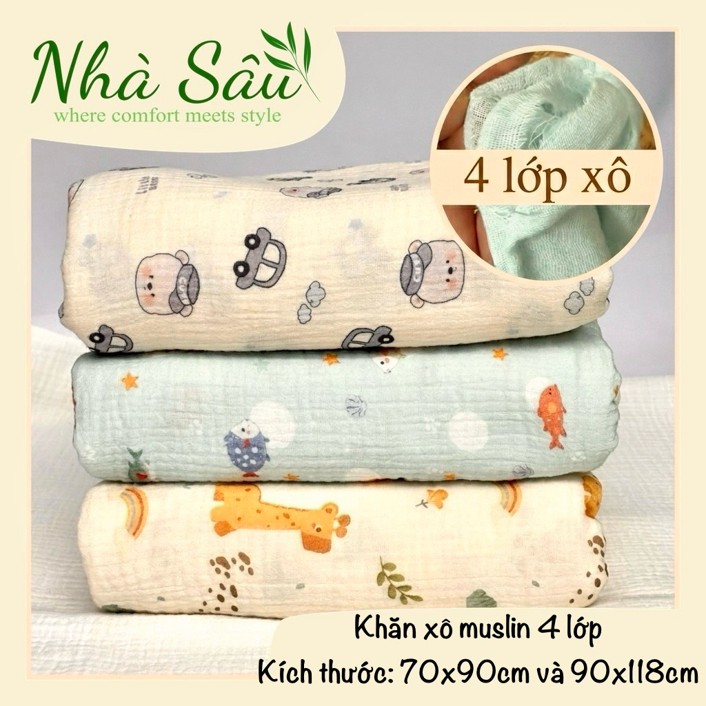 [Mẫu bé trai] Khăn tắm xô muslin Nhà Sâu cỡ lớn nhiều mẫu mềm mịn, thấm hút tốt