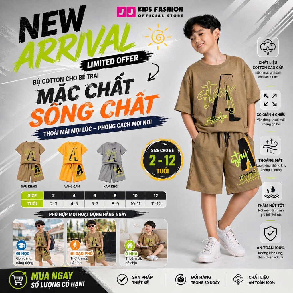 Đồ bộ bé trai mùa hè, áo thun quần short cotton co giãn, thoáng mát, 4-14 tuổi - B74 | JJ Kids