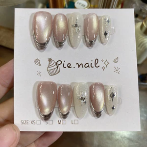 394. nailbox mắt mèo hồng viền fen tráng gương, charm bling