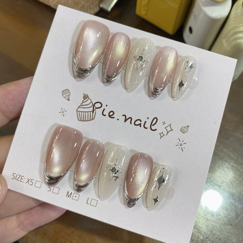 394. nailbox mắt mèo hồng viền fen tráng gương, charm bling