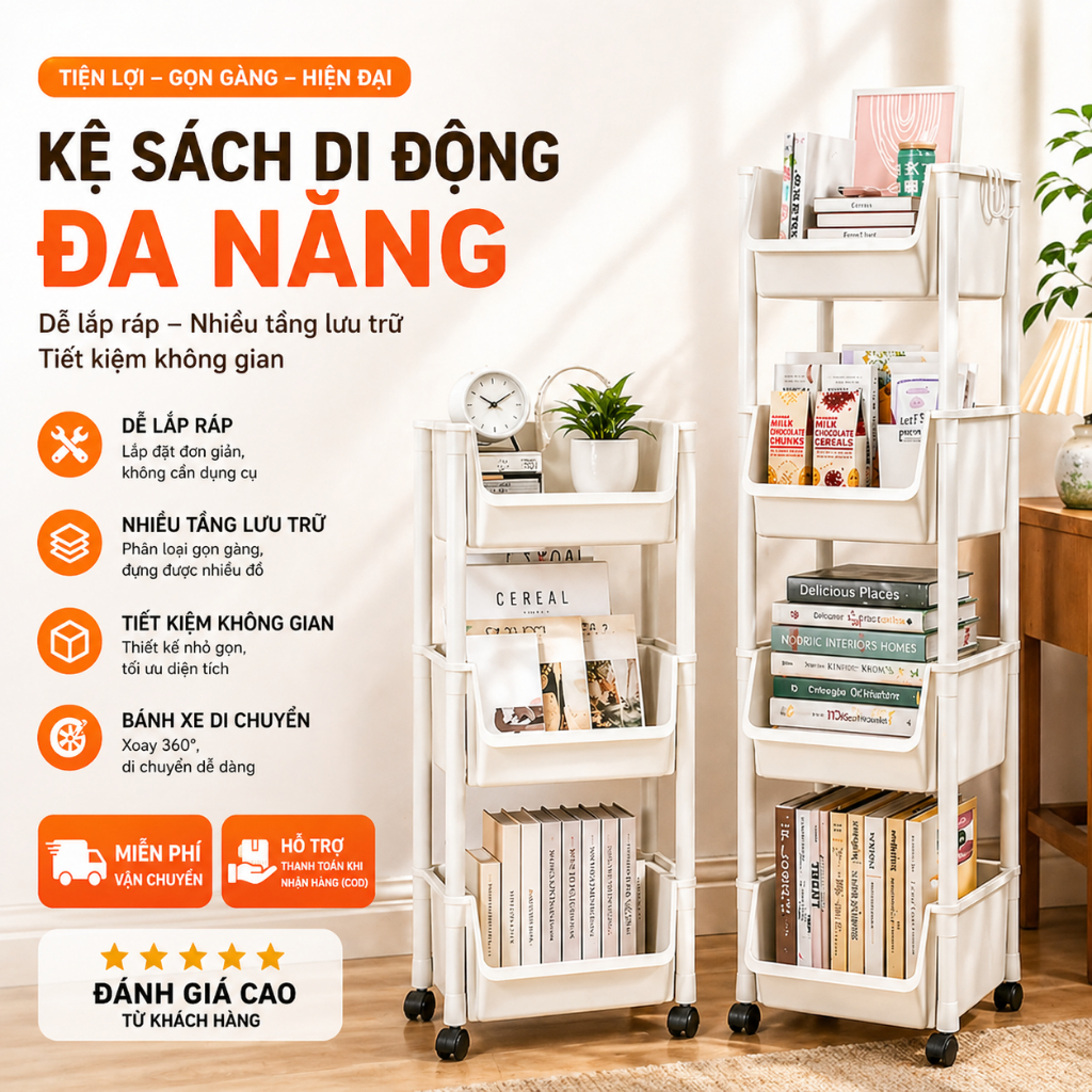Kệ Đựng Đồ 3-4 Tầng Có Bánh Xe Chắc Chắn Thiết Kế Hiện Đại Dễ Sử Dụng