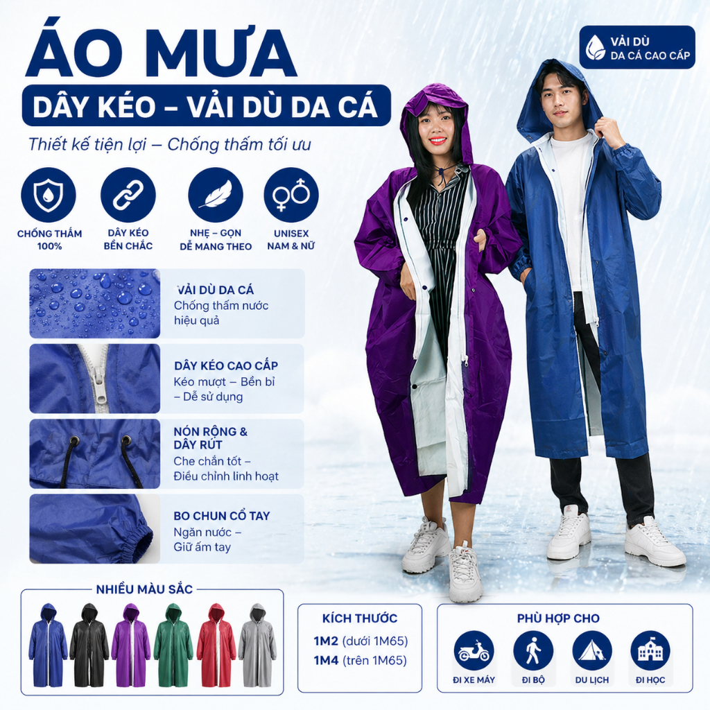 Áo mưa dây kéo vải dù tổ ong, áo mưa măng tô, ao mưa 1 người che toàn thân, áo đi mưa