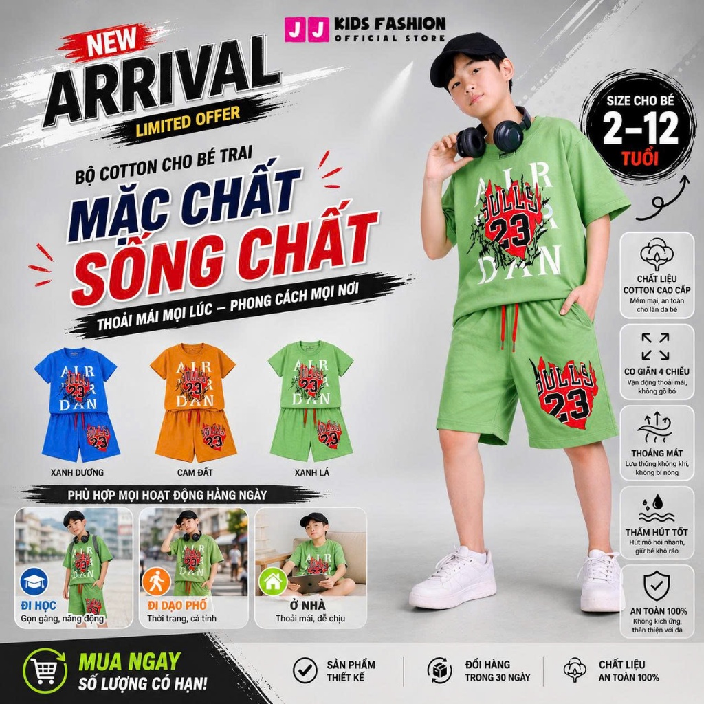 Set bộ bé trai mùa hè – Đồ bộ bé trai áo thun quần short cotton co giãn, thoáng mát, năng động 4-14 tuổi - B101 | JJ Kid