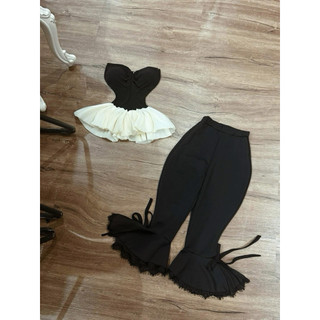 Set 2 món áo cúp khoét u bồng xoè + quần ống loe phối ren hottrend