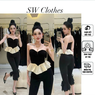 Set 2 món áo cúp khoét u bồng xoè + quần ống loe phối ren hottrend