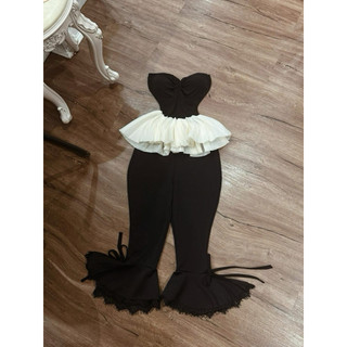 Set 2 món áo cúp khoét u bồng xoè + quần ống loe phối ren hottrend