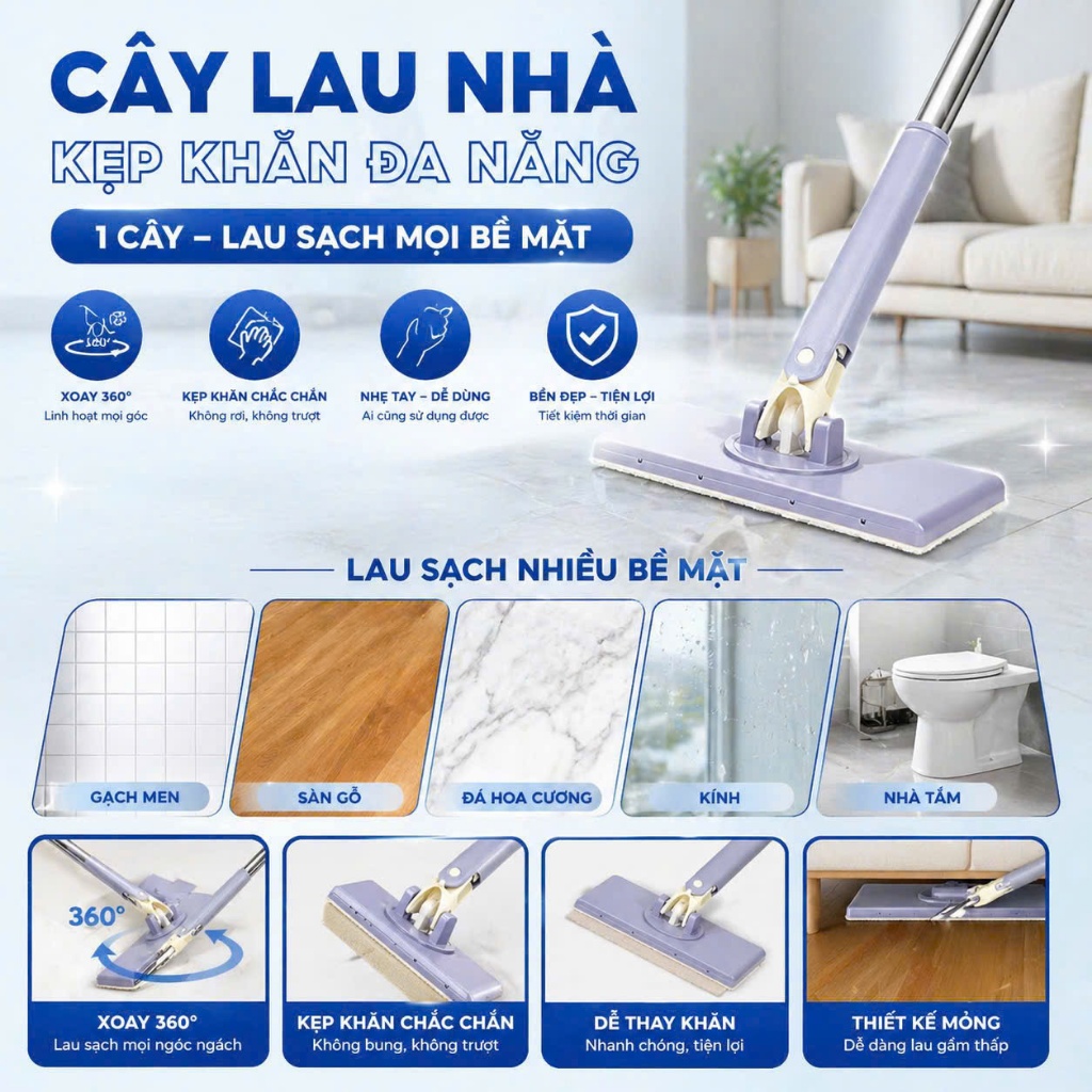 Cây Lau Nhà Kẹp Khăn Thông Minh 360 Độ - Cây Lau Nhà Mini Tự Gắp Giấy Dùng 1 Lần - giao màu ngẫu nhiên